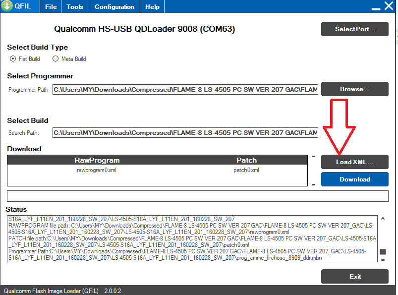 Click Load XML tab in Qfil 